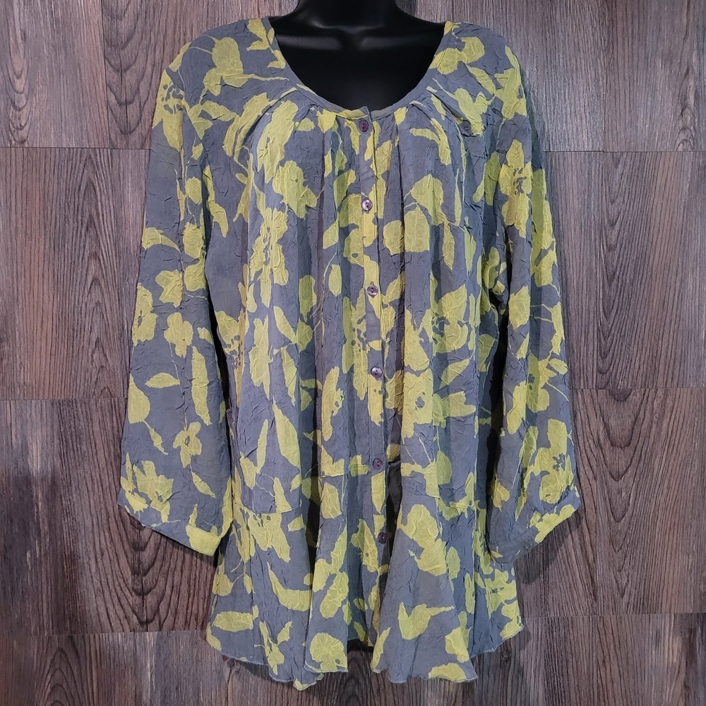 Parsley & Sage Sheer Crinkle Tunic Sz 1X Gray/Yellow Floral Button Front 3/4 Slv